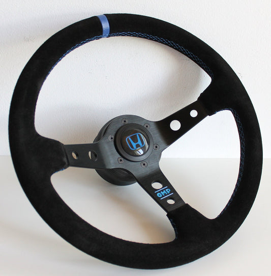 Steering Wheel For Honda CRX Civic Concerto Accord (1985-1992) - Deep Dish, Alcantara Suede, Red, Blue, 350 mm