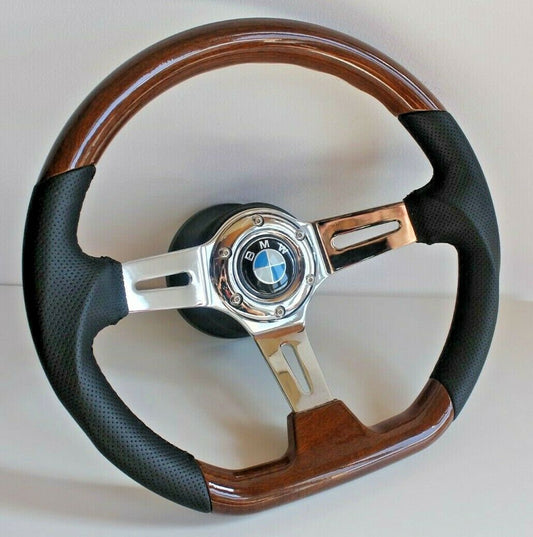Steering Wheel For BMW E24 E28 E30 E32 E34 (1986-1992) - Flat Bottom, Wood, Vintage, Black Leather, Chrome spokes, 350 mm