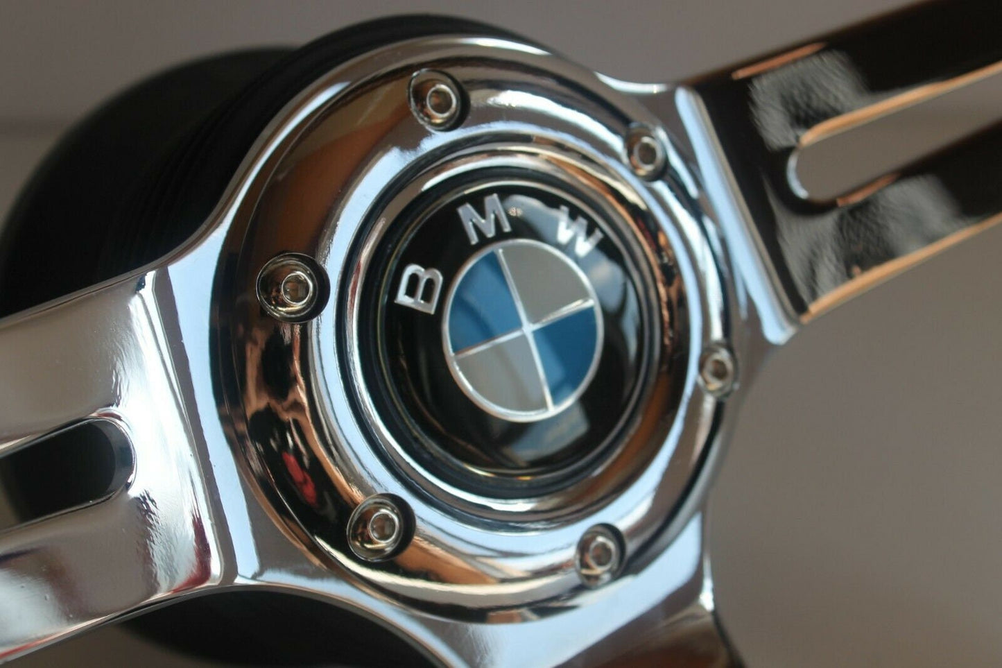Steering Wheel For BMW X5 E53 E90 E91 E92 E93 E87 E82 E83 (2005-2010) - Flat Bottom, Wood, Vintage, Black Leather, Chrome spokes, 350 mm