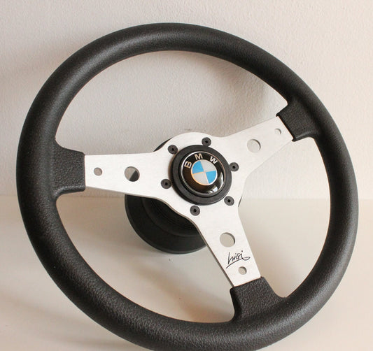 Steering Wheel For BMW E10 2002 1502 1602 1802 (1965-1976) - Luisi, Drift, Black Anti-Slip Leather, Silver Spokes, 340 mm