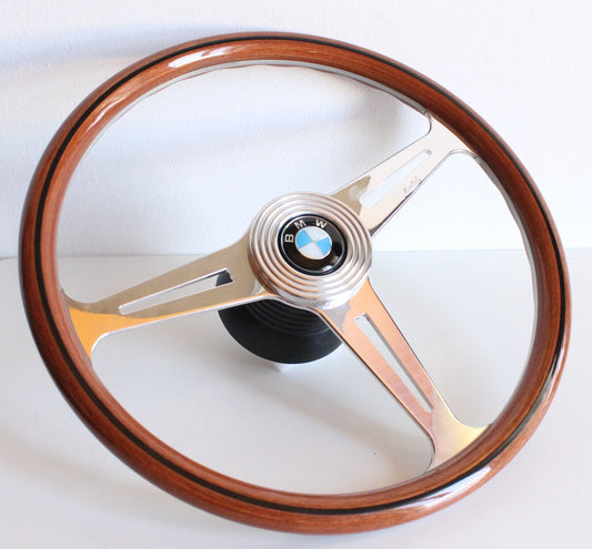 Steering Wheel For BMW E10 2002 1502 1602 1802 (1965-1976) - Luisi OEM, Solid Wood, Premium, Vintage, Classic Style, Chrome Spokes, 390 mm
