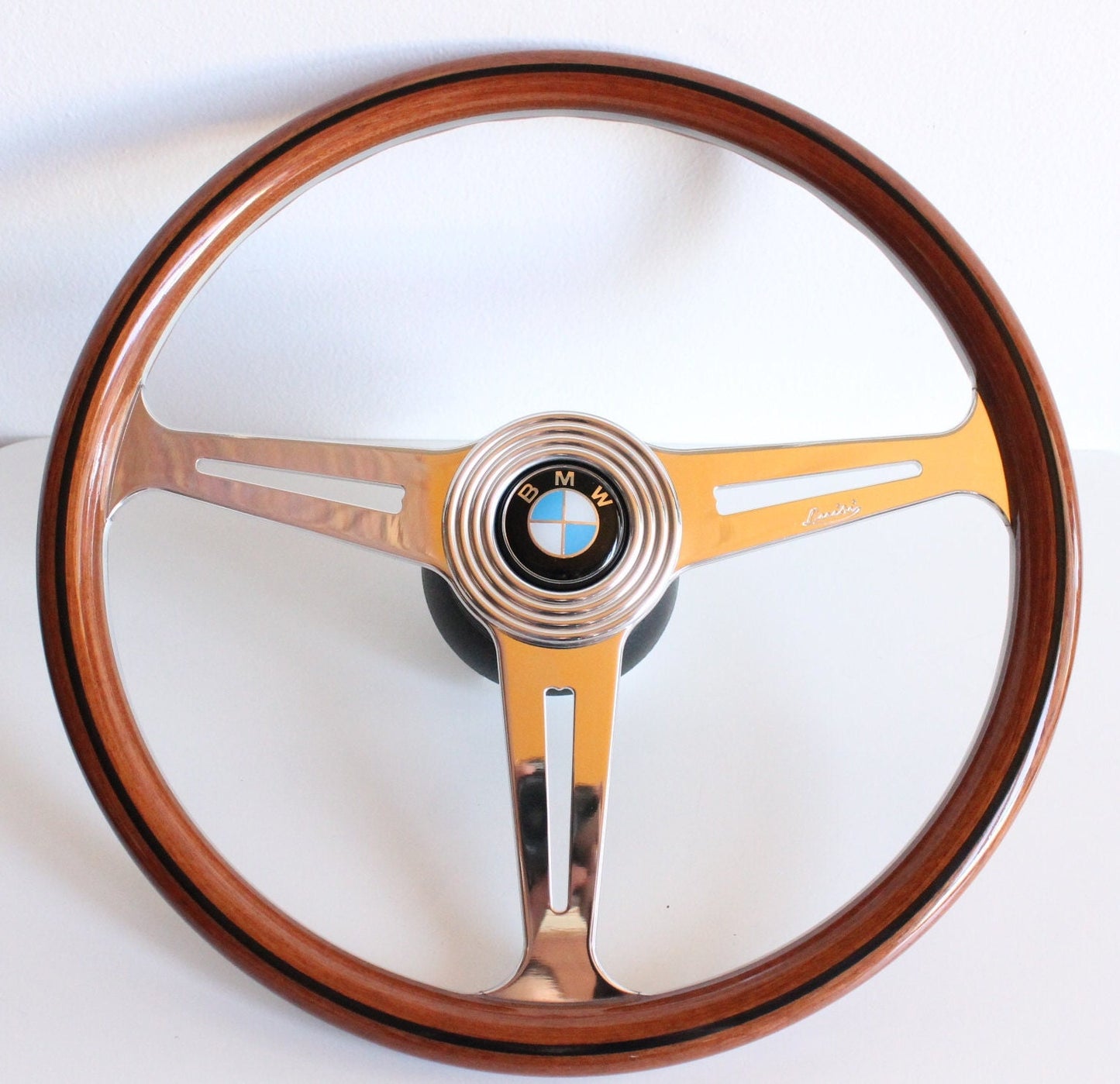 Steering Wheel For BMW E24 E28 E30 E32 E34 1986-1992 - Luisi OEM, Solid Wood, Premium, Vintage, Classic Style, Chrome Spokes, 390 mm