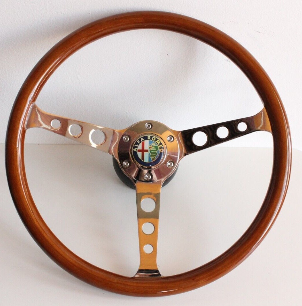 Steering Wheel For Alfa Romeo Spider (1983-1989) - Wooden Rim, Chrome Spokes with Holes, Classic, Vintage Style, 380 mm