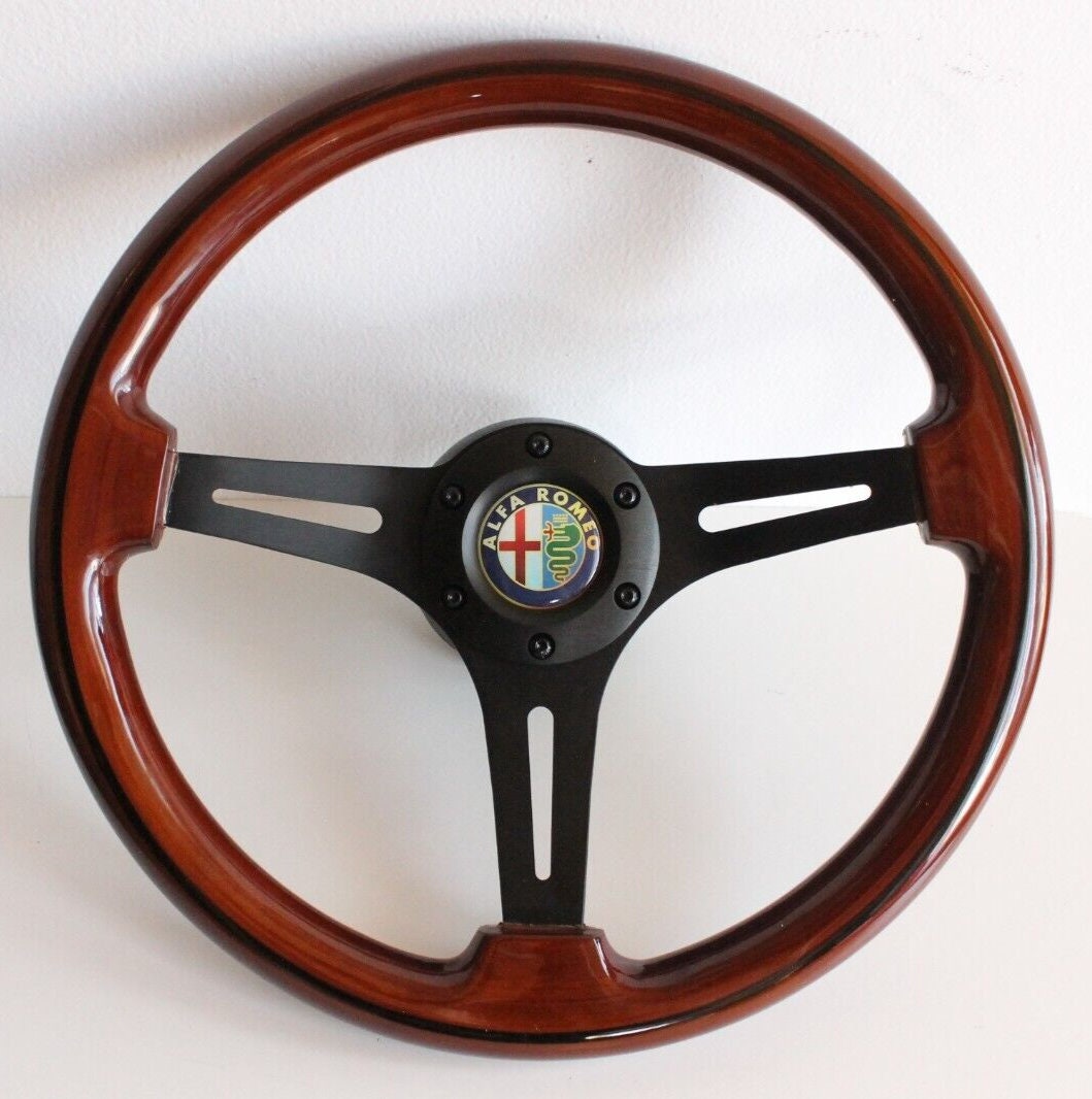 Steering Wheel For Alfa Romeo 164 33 75 90 (1987-1993) - Solid Wood, Black Trim, Vintage, Black Spokes, 350 mm