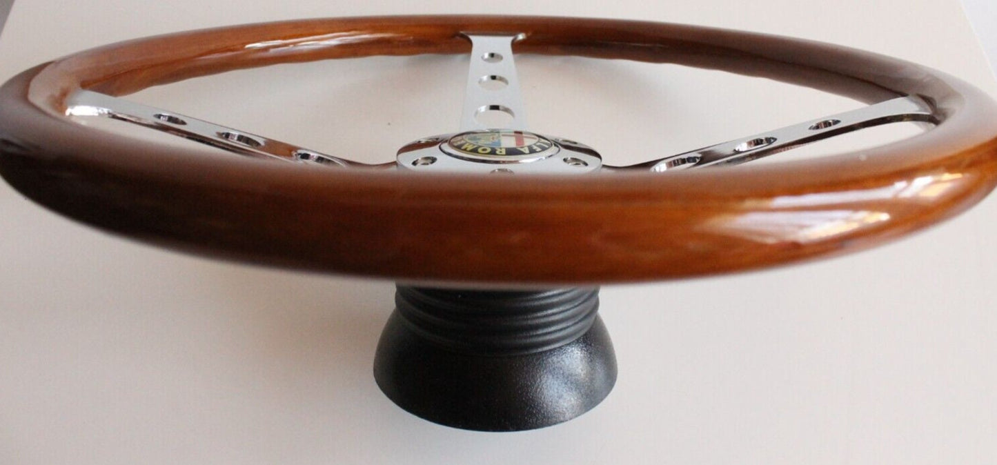 Steering Wheel For Alfa Romeo 1300 GT Junior 1600 Gta 1750 GTV 2000 GT - Solid Wood, Vintage Chrome Spokes, Silver Spokes, Black Trim, 350 mm