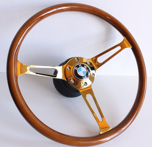 Steering Wheel For BMW E10 2002 1502 1602 1802 (1965-1976) - Solid Wood, Vintage Gold Spokes, Classic Style, 380 mm