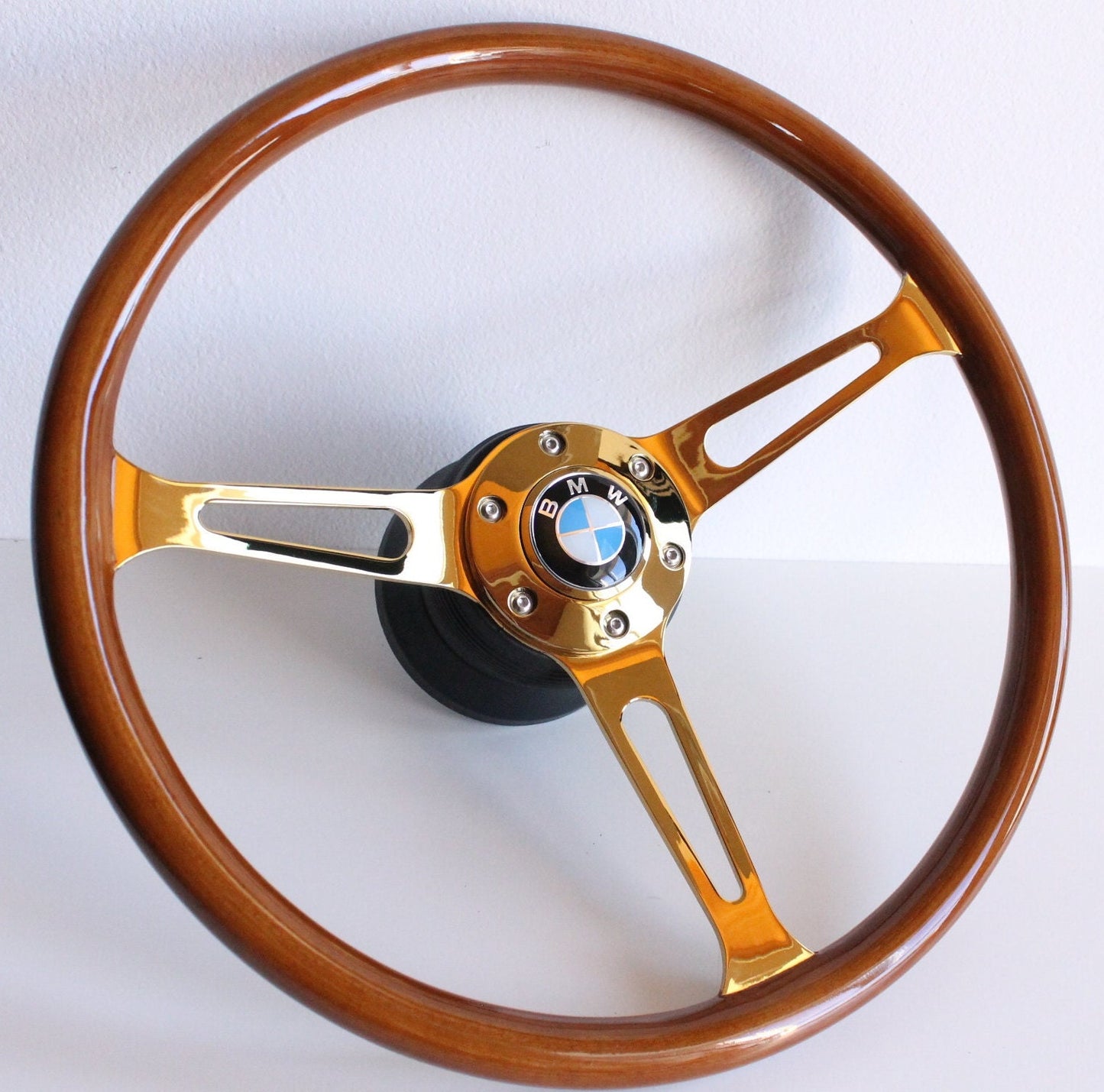 Steering Wheel For BMW E24 E28 E30 E32 E34 (1986-1992) - Solid Wood, Vintage Gold Spokes, Classic Style, 380 mm