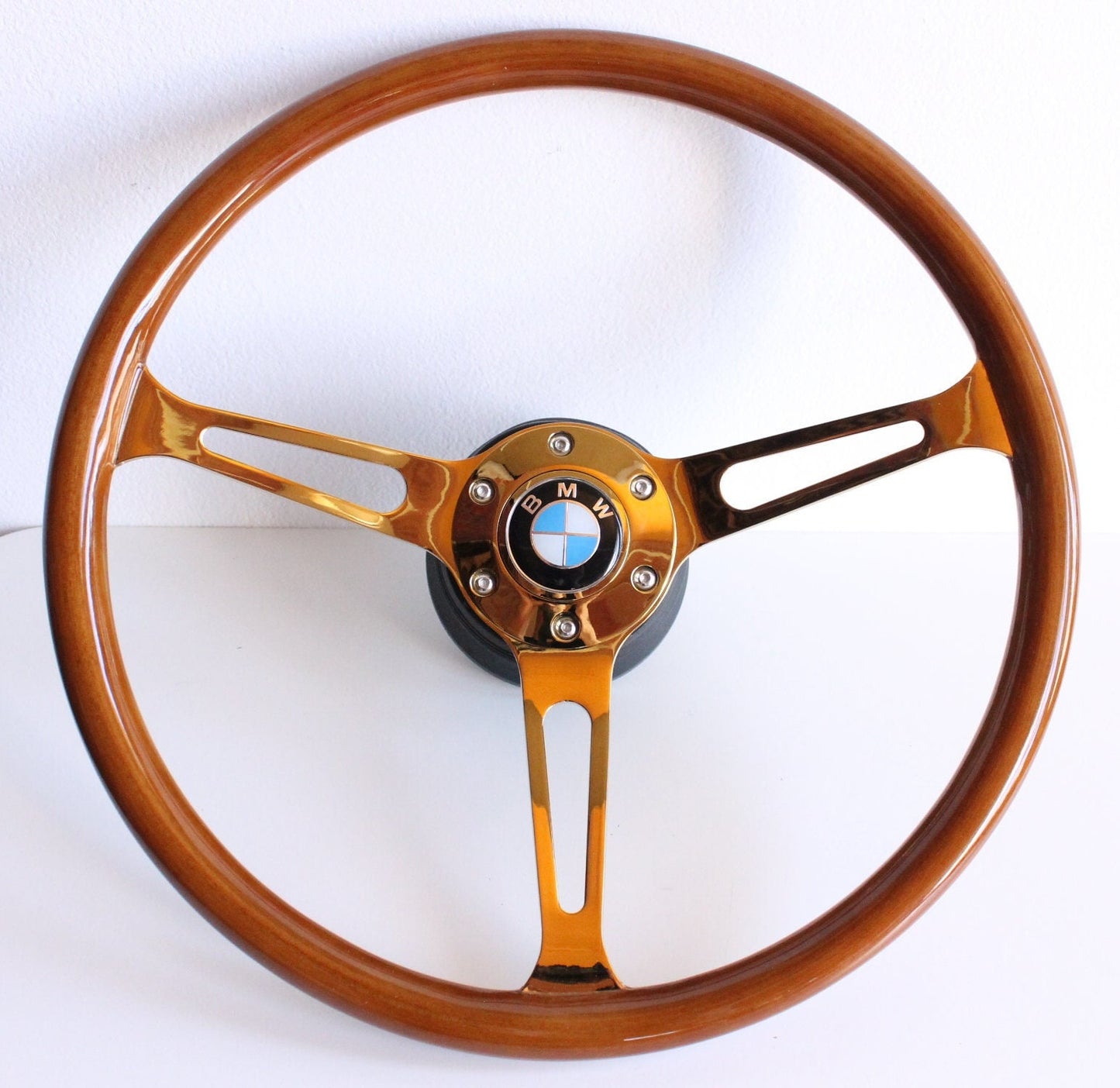 Steering Wheel For BMW E24 E28 E30 E32 E34 (1986-1992) - Solid Wood, Vintage Gold Spokes, Classic Style, 380 mm