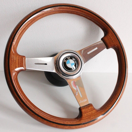 Steering Wheel For BMW E31 E34 E36 E38 E39 Z3 (1993-1999) - 365mm, OEM By Luisi, Made in Italy, Solid Wood with Black Trim, Chrome Spokes, Premium Quality