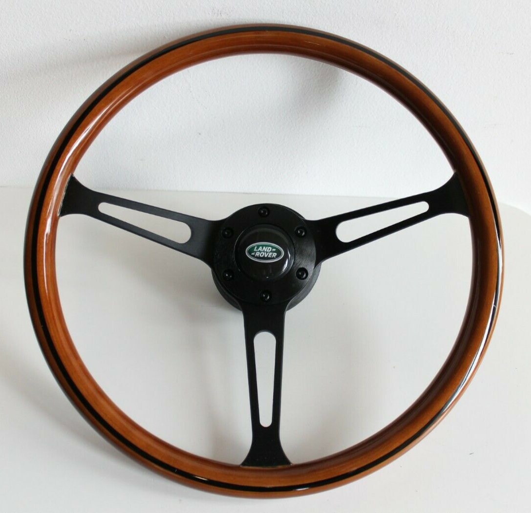 Steering wheel fits for Land Rover / Range Rover  (1983-1985) - 380mm Wooden Rim, Black Trim & Black Spokes