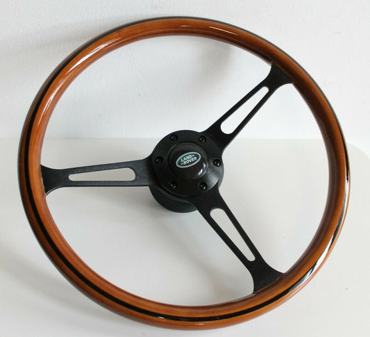 Steering wheel fits for Land Rover / Range Rover  (1983-1985) - 380mm Wooden Rim, Black Trim & Black Spokes