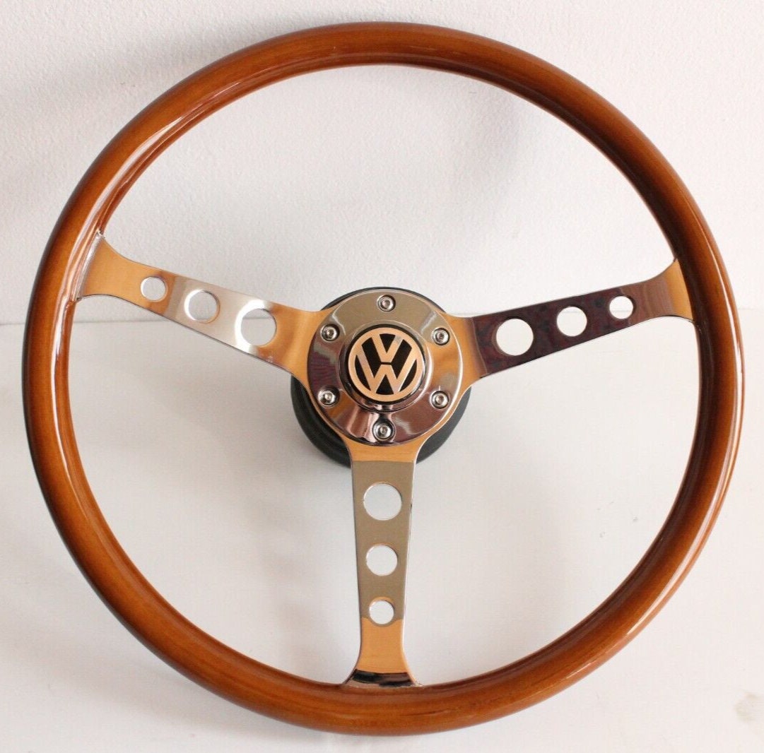 Steering Wheel For VW Bus T2 Transporter Westfalia (1968-1972) - Wooden Rim, Chrome Spokes with Holes, Classic, Vintage Style, 380 mm
