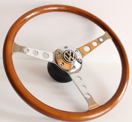 Steering Wheel For VW Bus T4 Caravelle Multyvan Transporter (1990-2003) - Wooden Rim, Chrome Spokes with Holes, Classic, Vintage Style, 380 mm