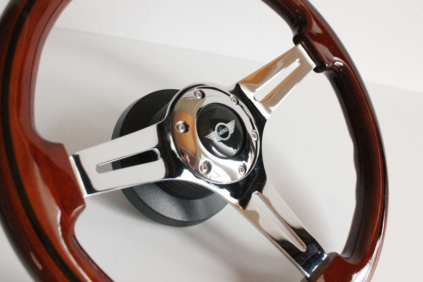 Steering Wheel For Mini Cooper ONE S R50 R52 R53 (2001-2007) - Solid Wood, Vintage Chrome Spokes, Black Trim, 350 mm