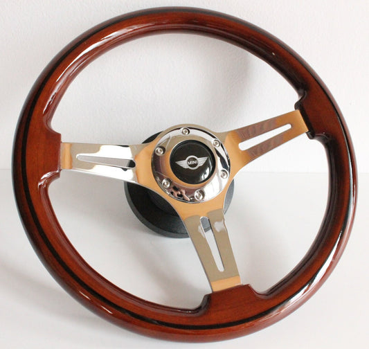Steering Wheel For Mini Cooper ONE S R50 R52 R53 (2001-2007) - Solid Wood, Vintage Chrome Spokes, Black Trim, 350 mm