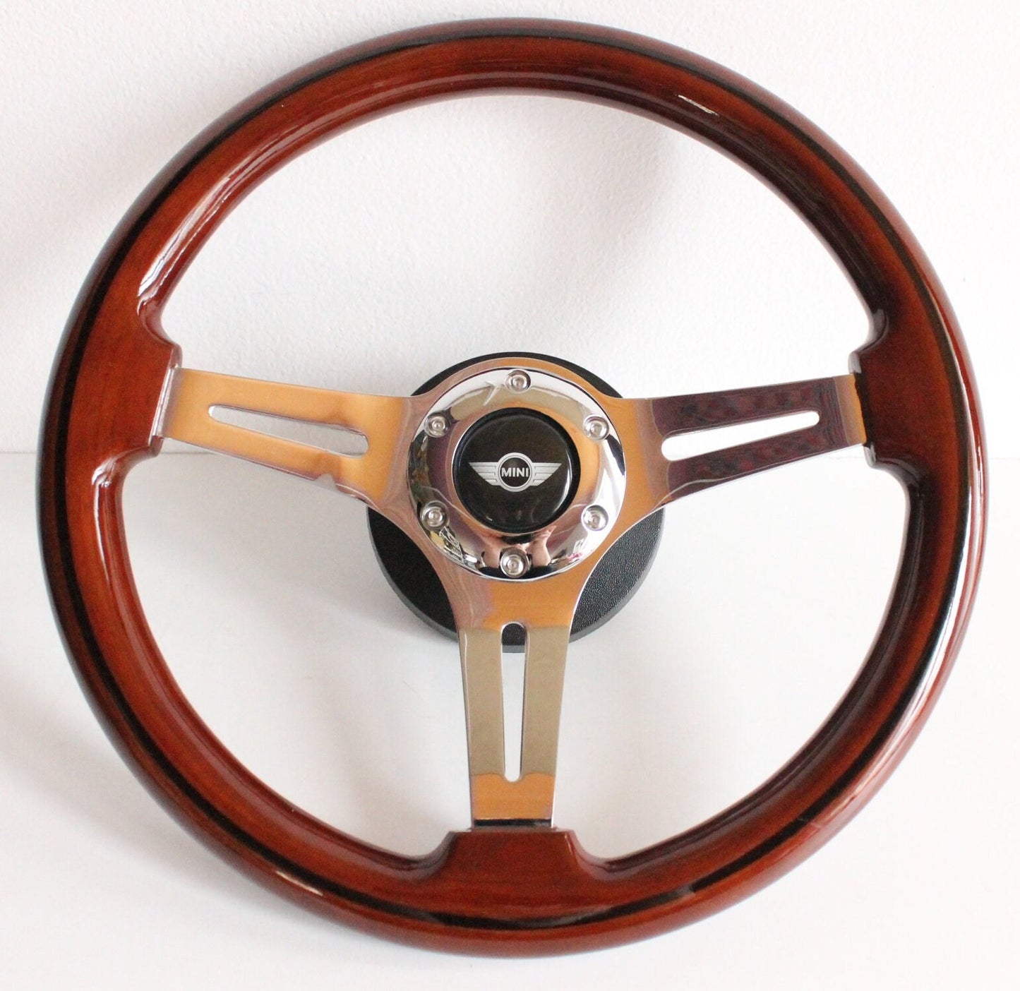 Steering Wheel For Mini Cooper Austin Clubman Metro MG 1300 Regent - Solid Wood, Vintage Chrome Spokes, Black Trim, 350 mm