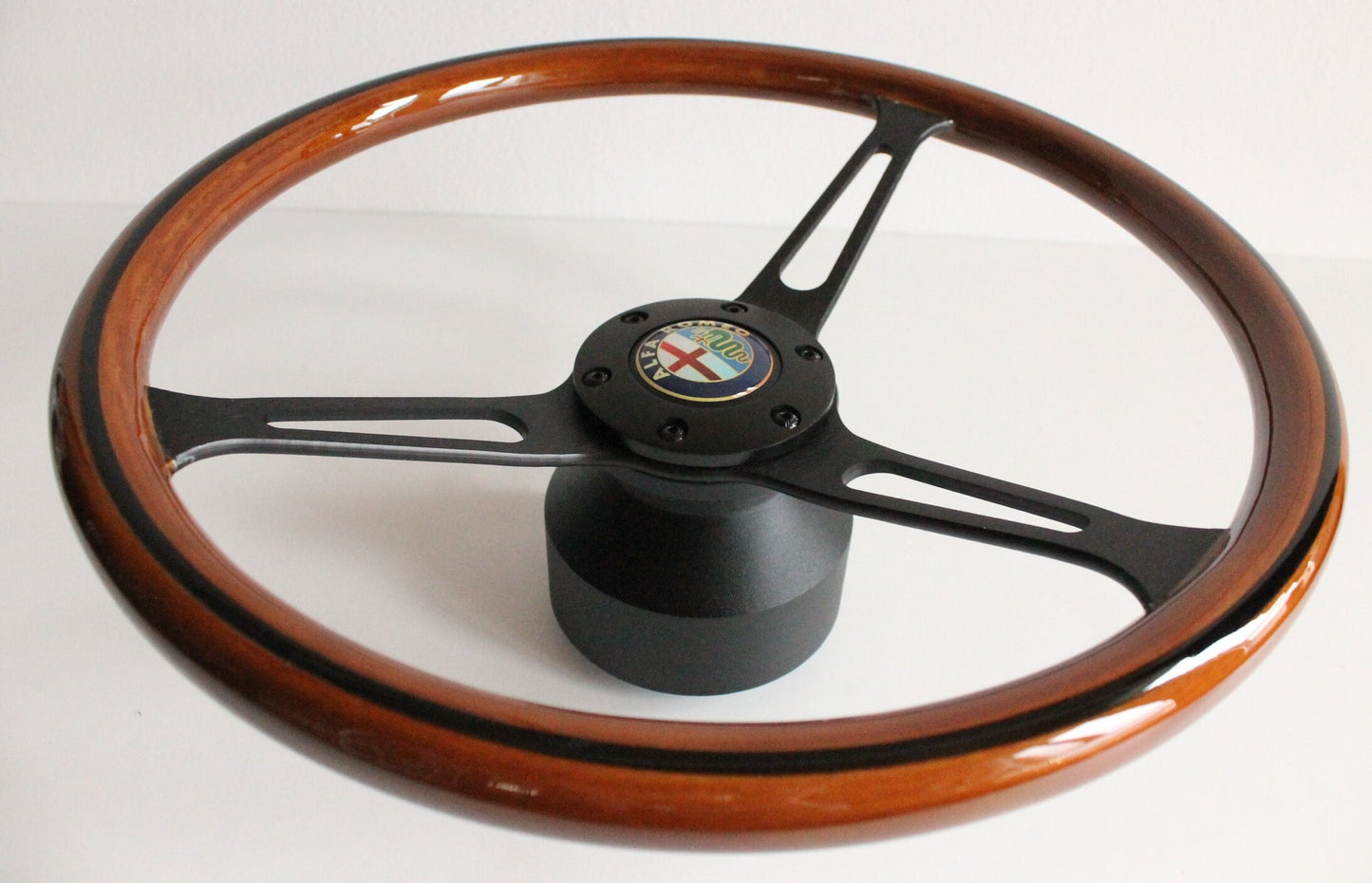 Steering Wheel For Alfa Romeo 2000 GTV Veloce GT Montreal Nuova Giulia (1971-1975) - Wooden Rim, Black Trim, Classic, 380mm