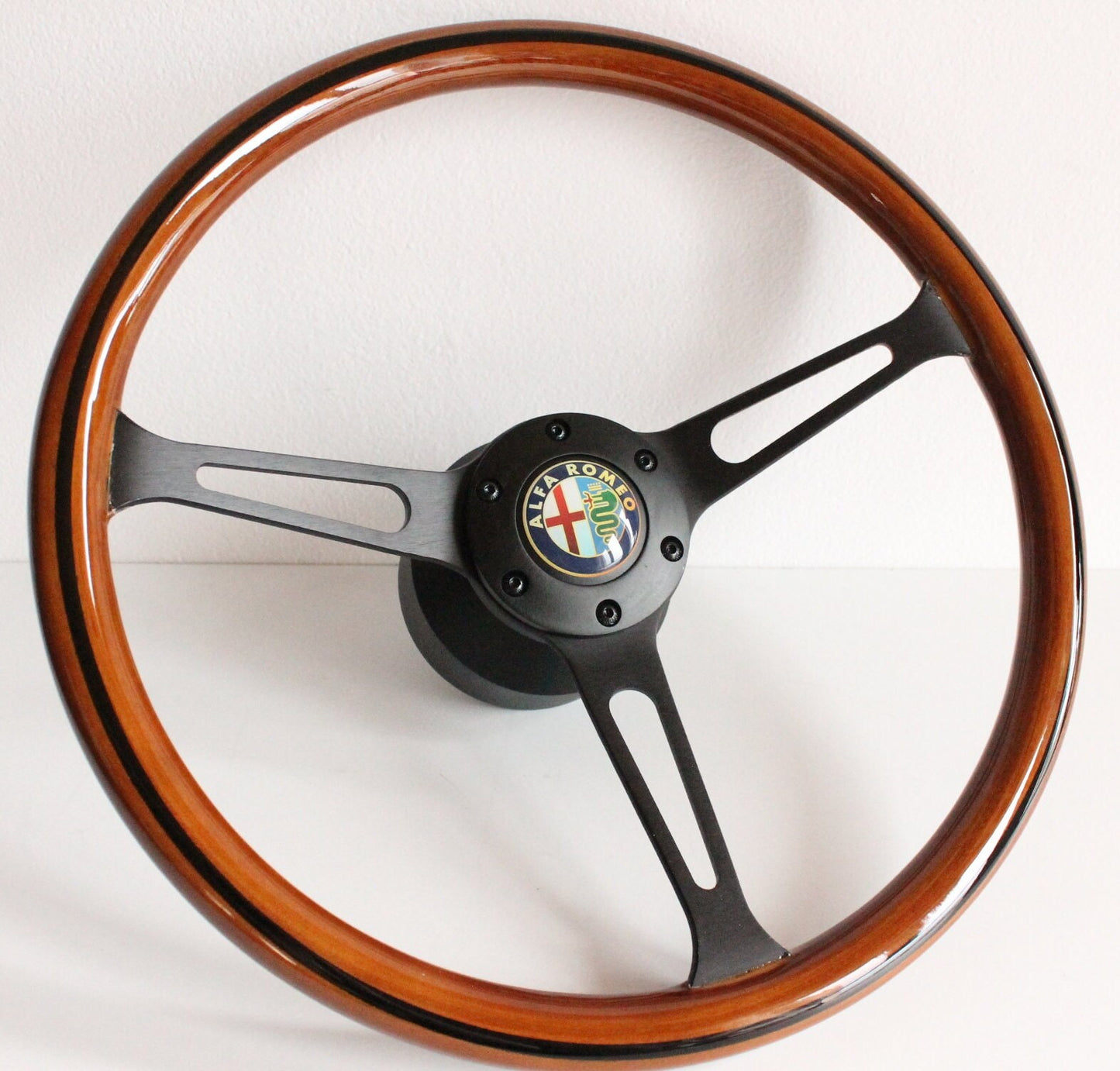 Steering Wheel For Alfa Romeo - 164 33 75 90 (1987- 1993) - Wooden Rim, Black Trim, Black Spokes, Vintage Style, 380mm