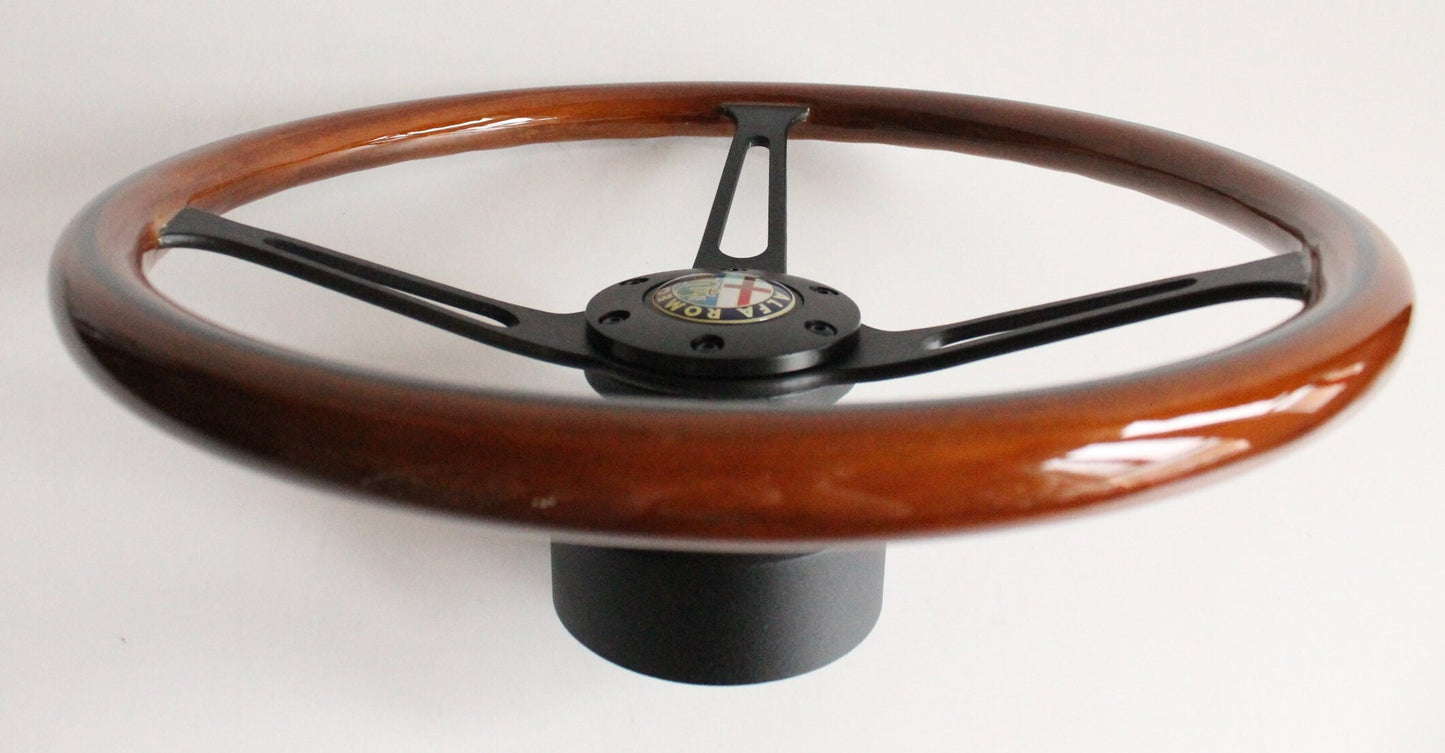 Steering Wheel For Alfa Romeo - 164 33 75 90 (1987- 1993) - Wooden Rim, Black Trim, Black Spokes, Vintage Style, 380mm