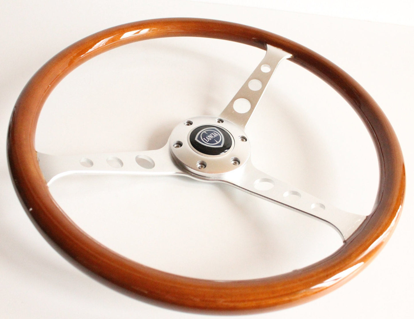 Steering Wheel For LANCIA - No Hub Adapter, Wooden Rim, Silver Spokes With Holes, Vintage, 380mm