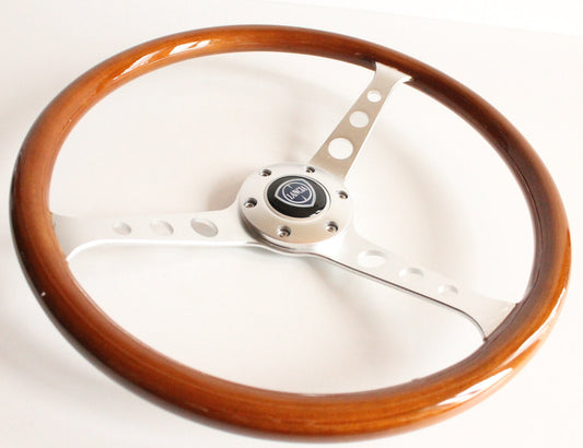 Steering Wheel For LANCIA - No Hub Adapter, Wooden Rim, Silver Spokes With Holes, Vintage, 380mm