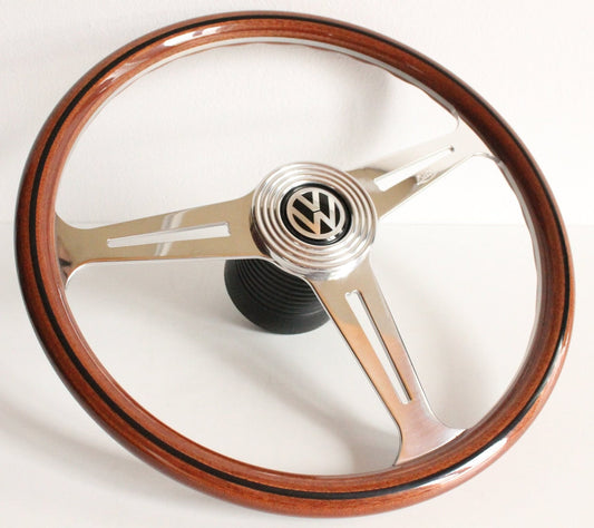 Steering Wheel For VW T4 Bus Caravelle Multyvan Transporter (1996-2003) - Luisi OEM, Solid Wood, Premium, Vintage, Classic Style, Chrome Spokes, 390 mm