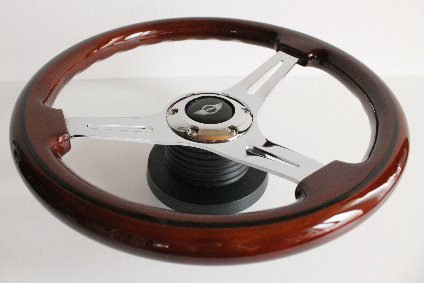 Steering Wheel For Mini Cooper Austin Clubman Metro MG 1300 Regent - Solid Wood, Vintage Chrome Spokes, Black Trim, 350 mm
