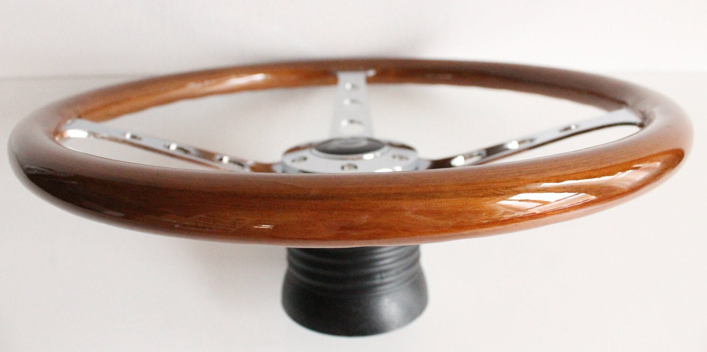 Steering Wheel For VOLVO 1800 1800ES - Wooden Rim, Chrome Spokes with Holes, Classic, Vintage Style, 380 mm