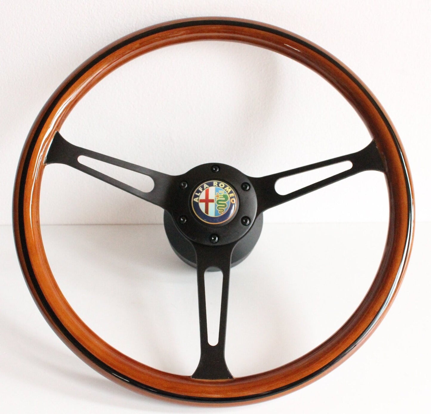 Steering Wheel For Alfa Romeo 2000 GTV Veloce GT Montreal Nuova Giulia (1971-1975) - Wooden Rim, Black Trim, Classic, 380mm