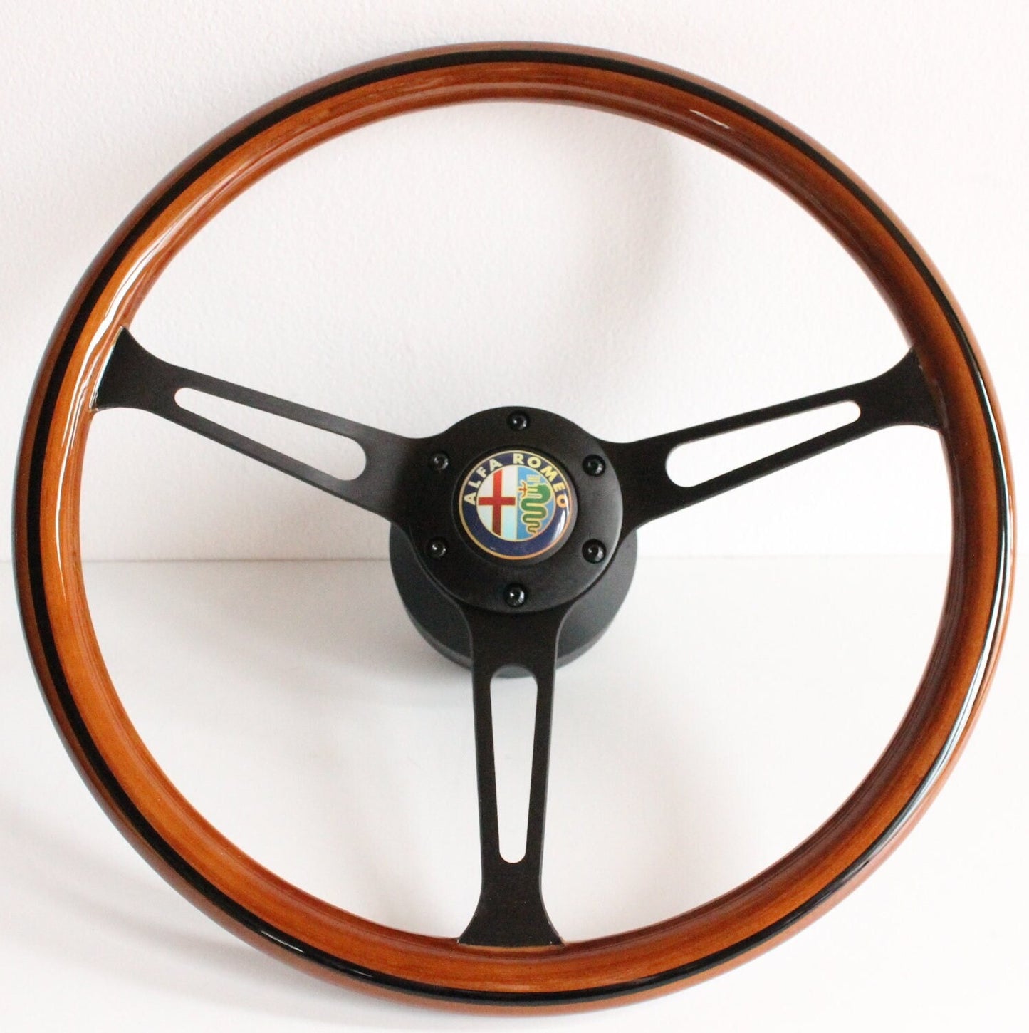 Steering Wheel For Alfa Romeo Spider (1983-1989) - Wooden Rim, Black Spokes, Black Trim, Classic, 380mm