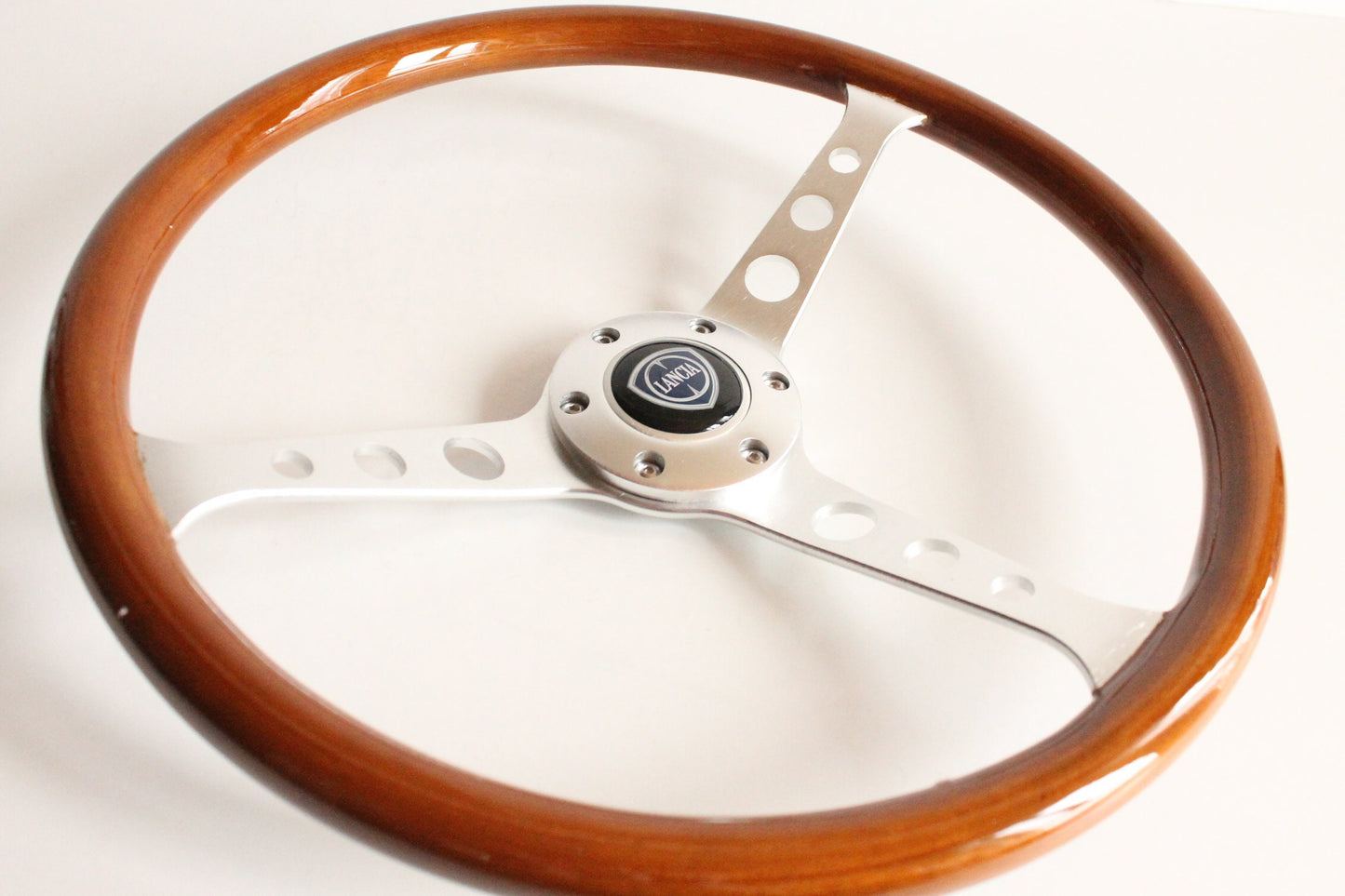 Steering Wheel For LANCIA - No Hub Adapter, Wooden Rim, Silver Spokes With Holes, Vintage, 380mm