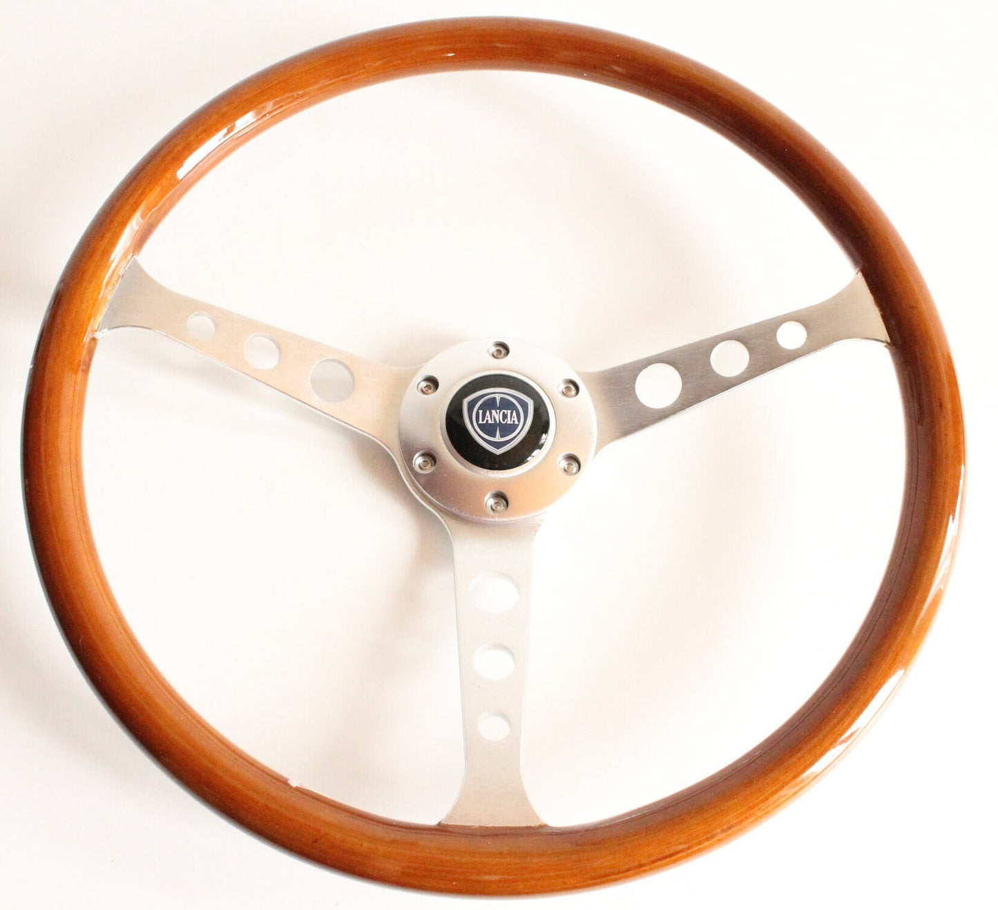 Steering Wheel For LANCIA - No Hub Adapter, Wooden Rim, Silver Spokes With Holes, Vintage, 380mm
