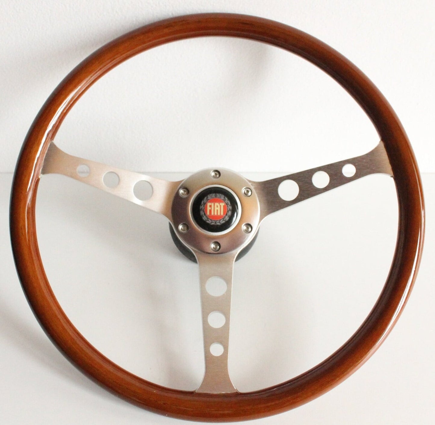 Steering Wheel For FIAT - 124 125 128 850 1100 Berlina Coupe Special - Wooden Rim, Silver Spokes With Holes, Vintage, 380mm