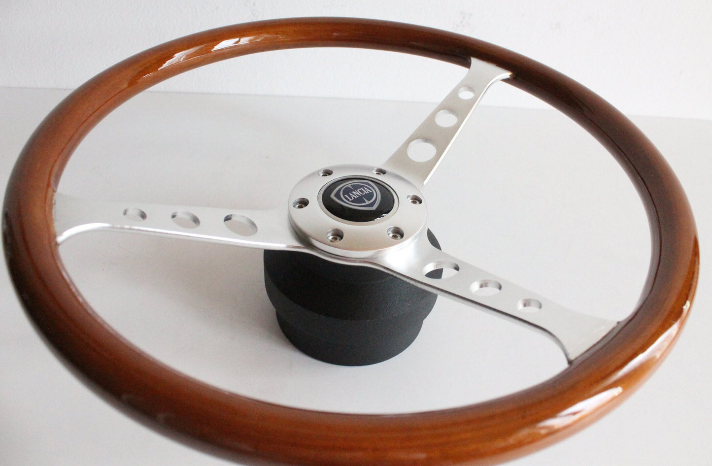 Steering Wheel For Lancia Dedra Delta - Wooden Rim, Silver Spokes With Holes, Vintage, 380 mm