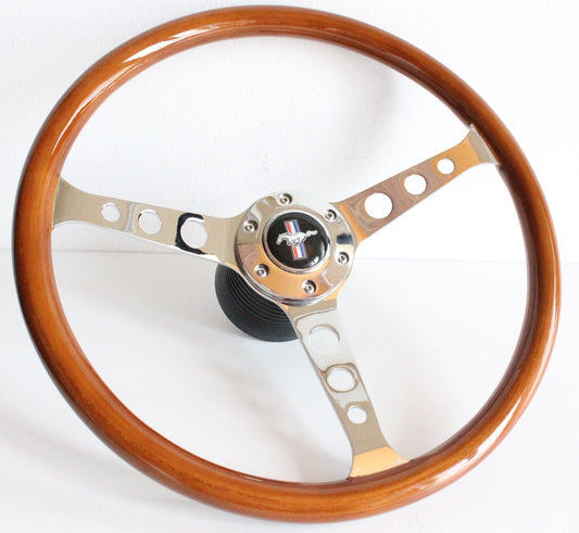 Steering Wheel For Ford Bronco Thunderbird Mustang F150 F250 F350 - Wooden Rim, Chrome Spokes with Holes, Classic, Vintage Style, 380 mm