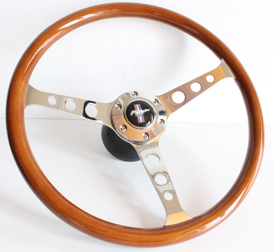 Steering Wheel For Ford Mustang (1969-1973) Falcon Farlane - Wooden Rim, Chrome Spokes with Holes, Classic, Vintage Style, 380 mm