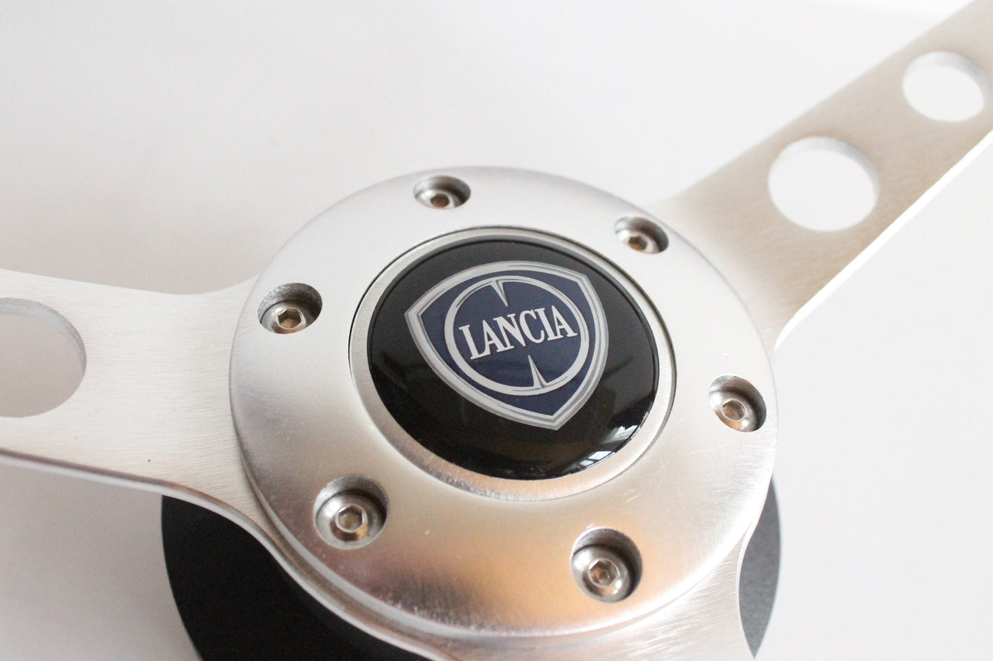 Steering Wheel For Lancia Dedra Delta - Wooden Rim, Silver Spokes With Holes, Vintage, 380 mm