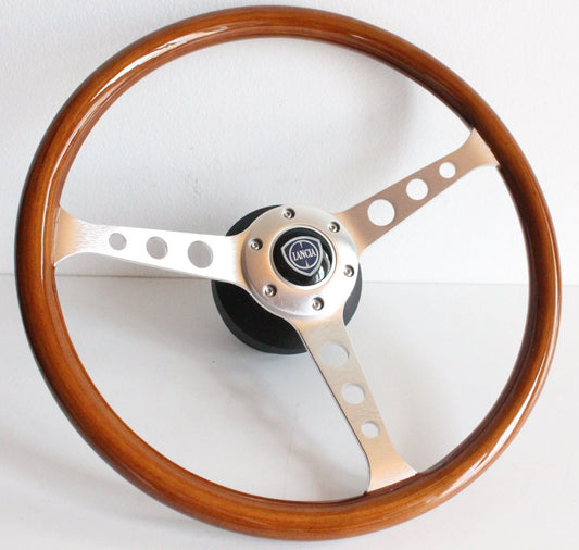Steering Wheel For Lancia Dedra Delta - Wooden Rim, Silver Spokes With Holes, Vintage, 380 mm