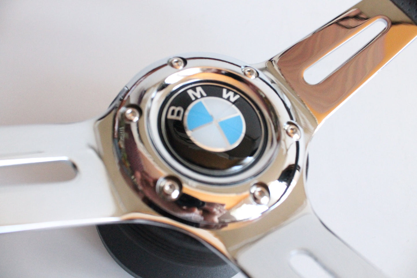Steering Wheel For BMW E81 E82 E87 E90 E91 E92 E93 (2004-2008) - Flat Bottom, Wood, Vintage, Grey Leather, Chrome spokes, 350 mm