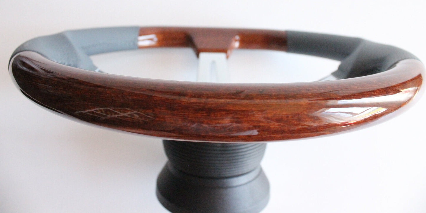 Steering Wheel For BMW E81 E82 E87 E90 E91 E92 E93 (2004-2008) - Flat Bottom, Wood, Vintage, Grey Leather, Chrome spokes, 350 mm