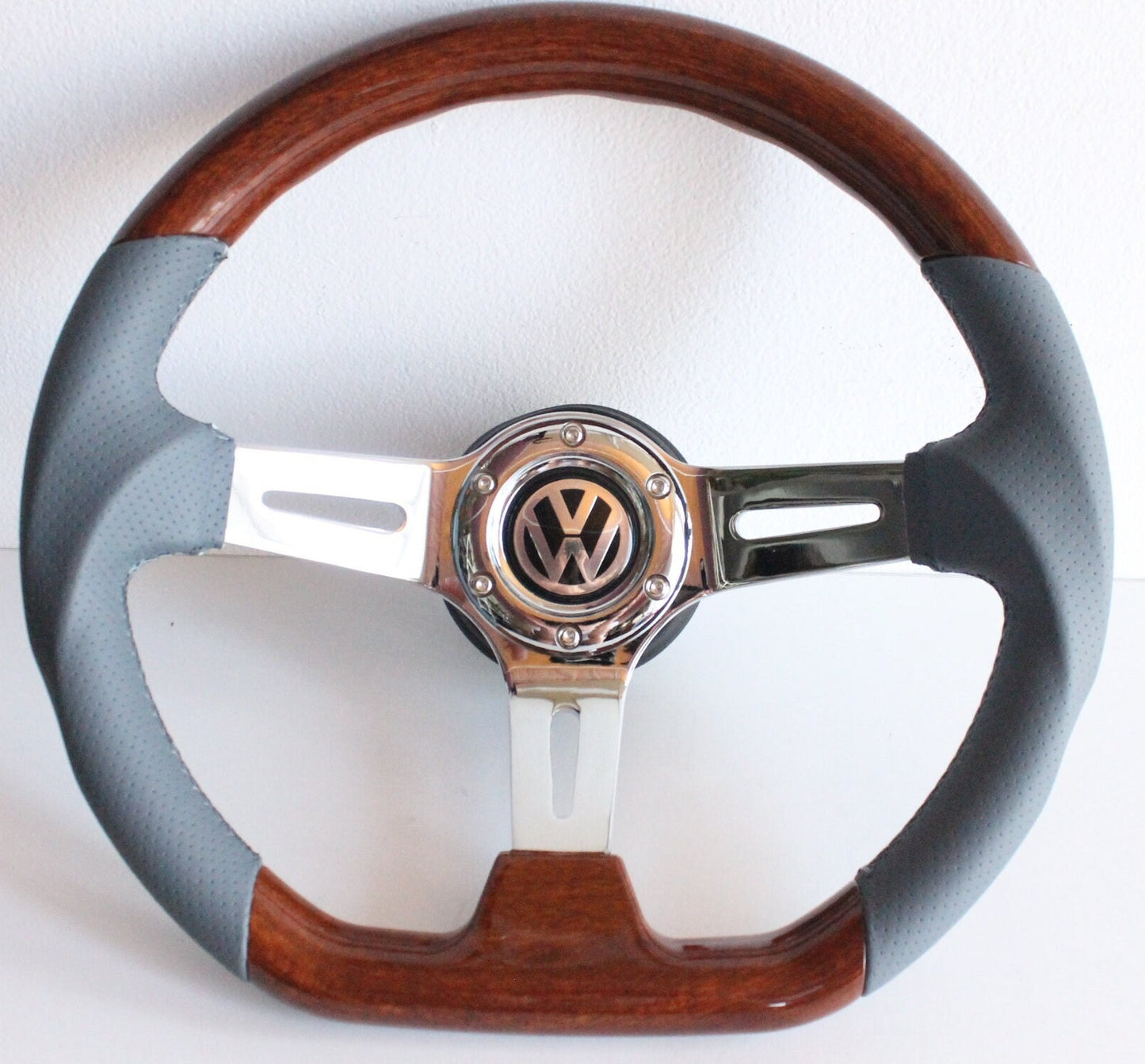 Steering Wheel For VW Mk2 Mk3 Passat Corrado (1988-1995) - Flat Bottom, Wood, Vintage, Grey Leather, Chrome spokes, 350 mm