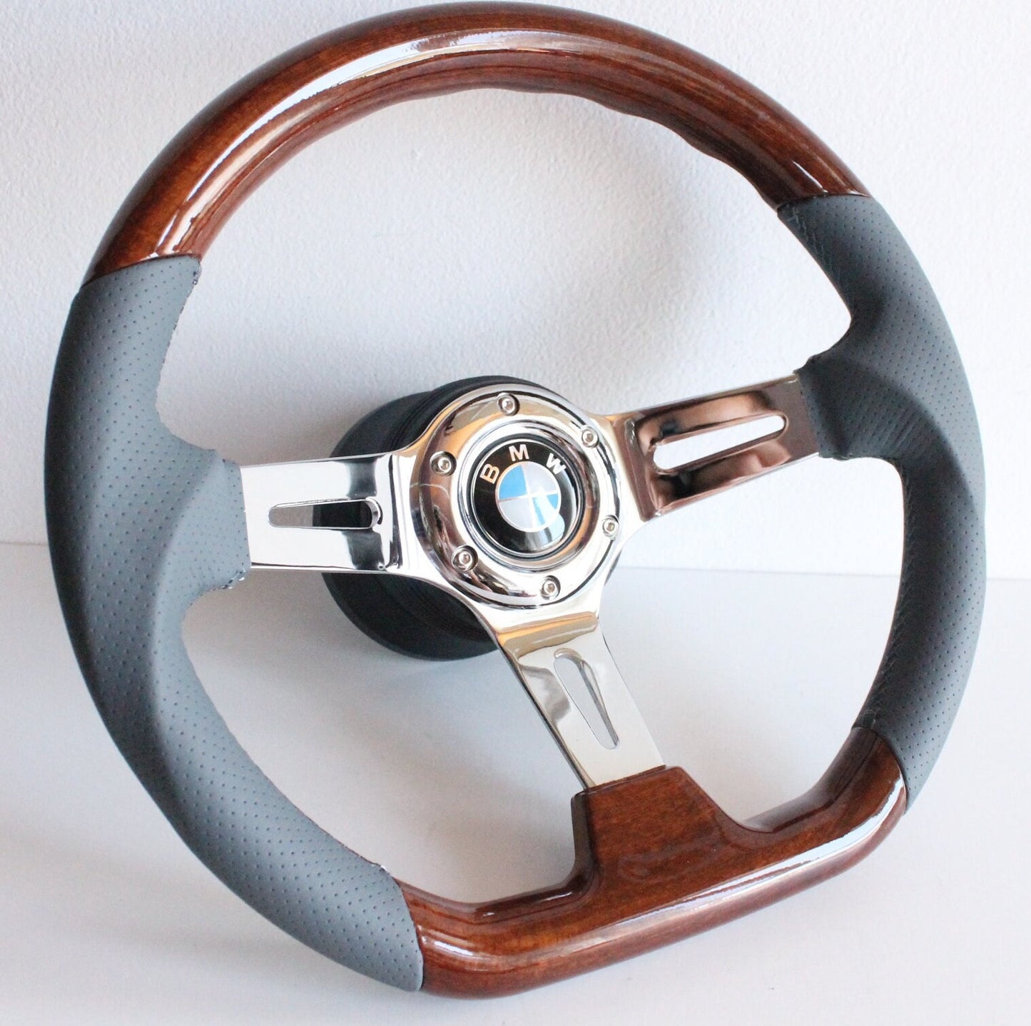 Steering Wheel For BMW E81 E82 E87 E90 E91 E92 E93 (2004-2008) - Flat Bottom, Wood, Vintage, Grey Leather, Chrome spokes, 350 mm