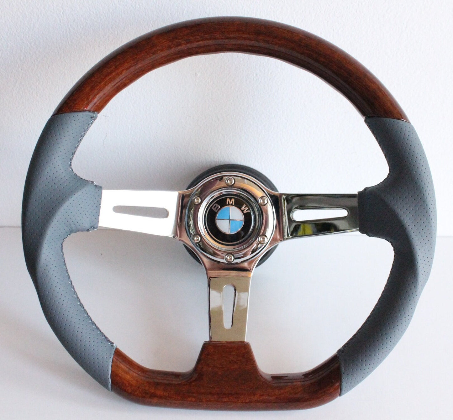 Steering Wheel For BMW E81 E82 E87 E90 E91 E92 E93 (2004-2008) - Flat Bottom, Wood, Vintage, Grey Leather, Chrome spokes, 350 mm