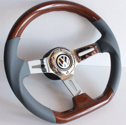 Steering Wheel For VW Mk2 Mk3 Passat Corrado (1988-1995) - Flat Bottom, Wood, Vintage, Grey Leather, Chrome spokes, 350 mm
