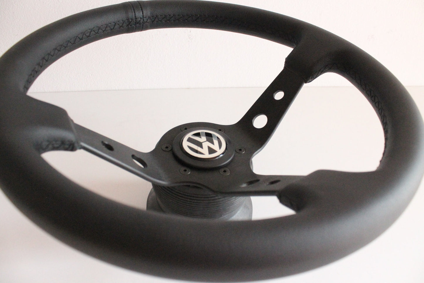 Steering Wheel For VW - Mk1 Mk2 Golf Jetta Scirocco Passat - Deep Dish, Black Leather, Black Stitching, Sport Vision, 350 mm