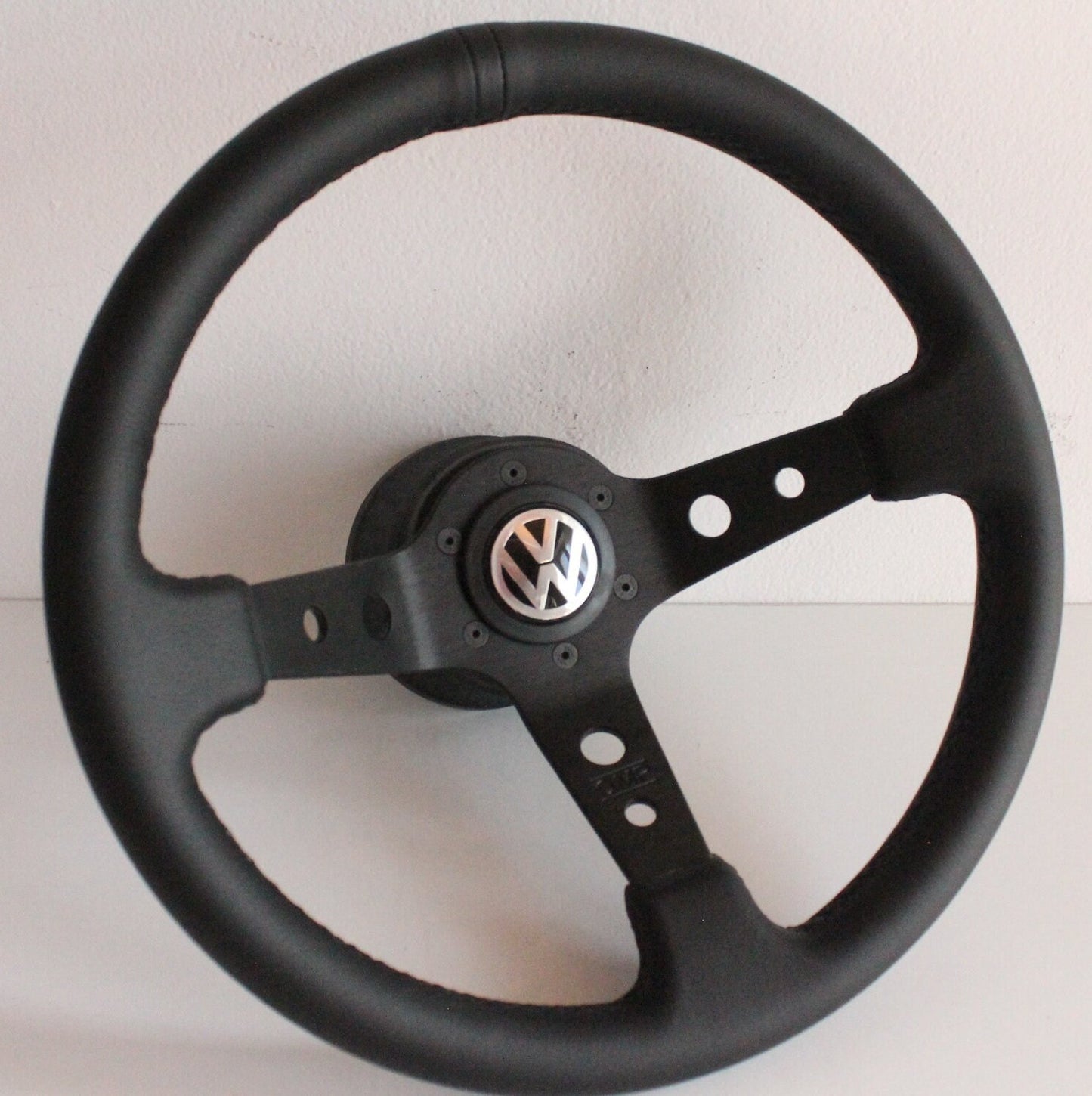 Steering Wheel For VW - Mk1 Mk2 Golf Jetta Scirocco Passat - Deep Dish, Black Leather, Black Stitching, Sport Vision, 350 mm