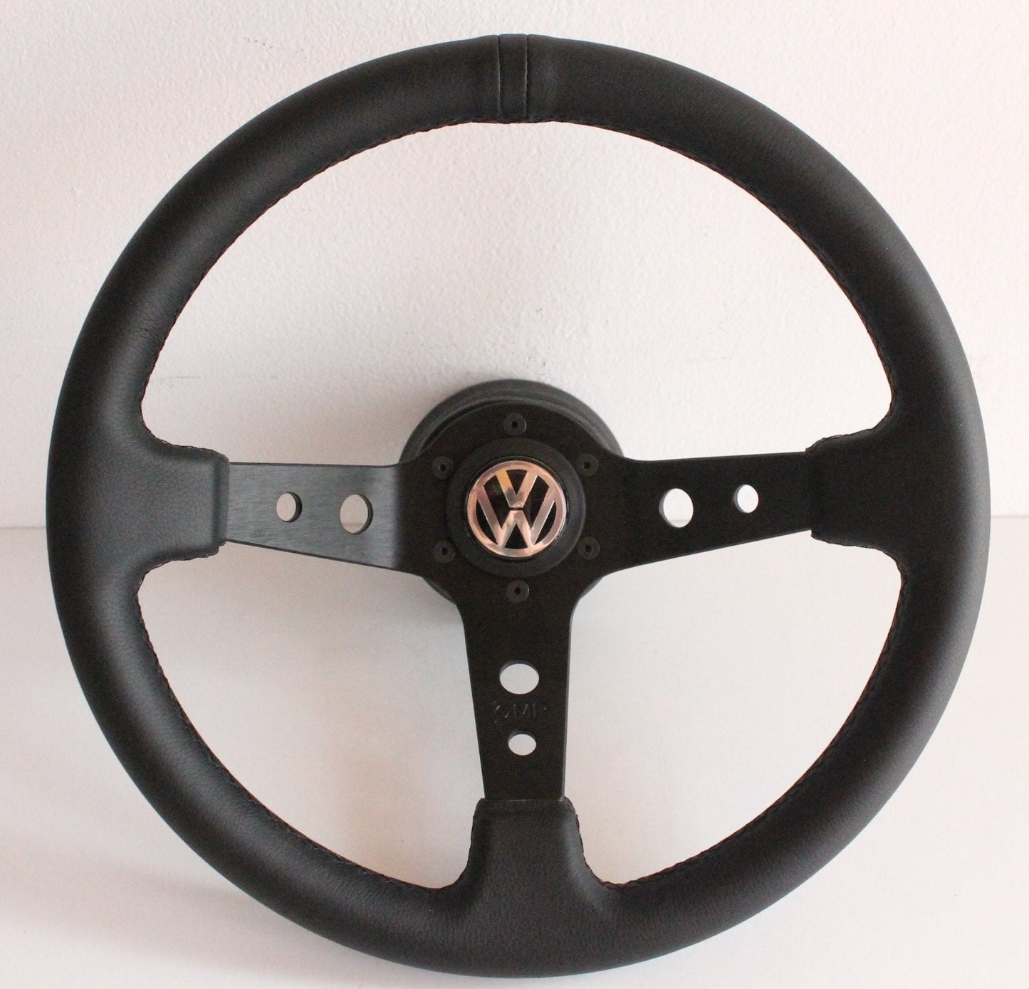 Steering Wheel For VW - Mk1 Mk2 Golf Jetta Scirocco Passat - Deep Dish, Black Leather, Black Stitching, Sport Vision, 350 mm