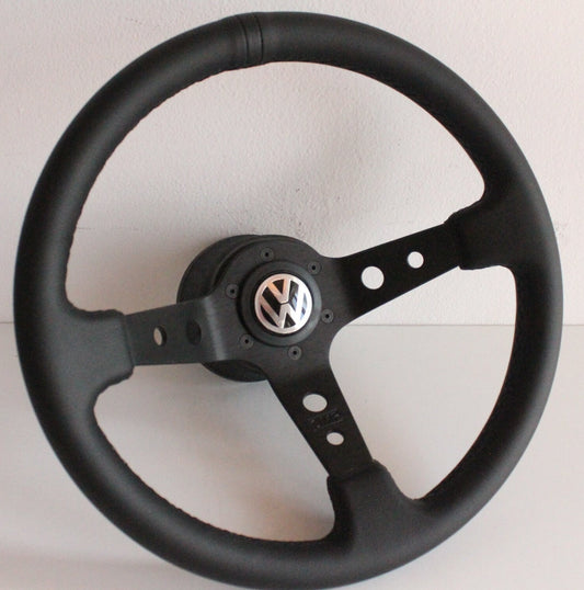 Steering Wheel For VW Golf Jetta Mk2 Mk3 Corrado (1988-1996) - Deep Dish, Black Stitching, Black Spokes with Holes, Sport Vision, 350 mm