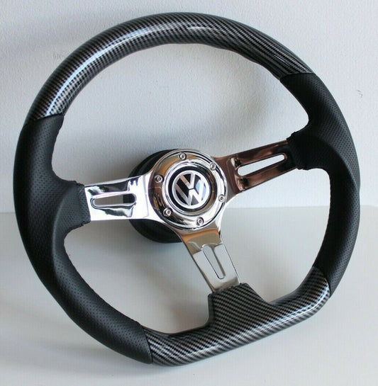 Steering Wheel For VW Mk2 Mk3  Golf Jetta Corrado (1988-1996) - Carbon Look, Flat Bottom, Sport Design, 350 mm