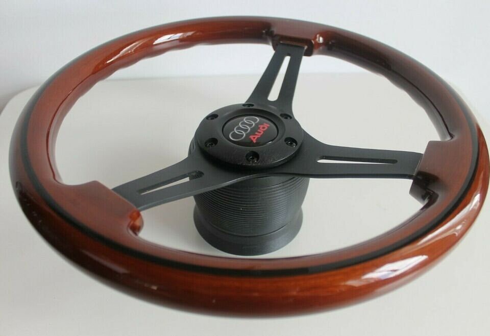 Steering Wheel For AUDI A3 A4 A6 A8 8L B5 C5 S4 S6 (1996-2003) - Solid Wood, Black Trim, Vintage, Black Spokes, 350 mm